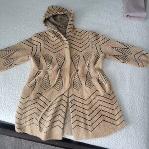 Fuzzy Cardigan Sweater with Hood Brown Chevron Print Rhinestones Drawstring M
